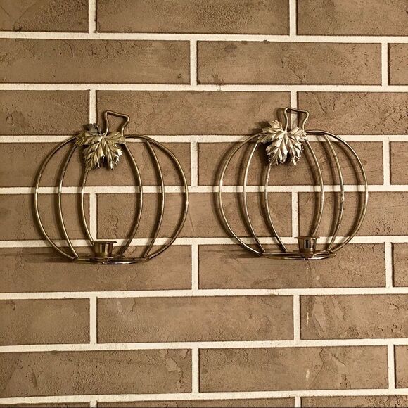 Vintage Pumpkin Wall Hanging Candlestick Holders in Gold Lot of 2 - Picture 10 of 15